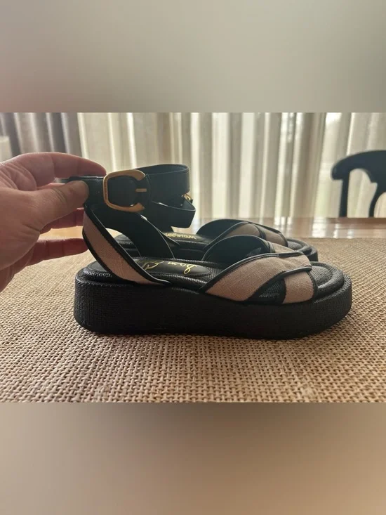 Sam Edelman Nylie Black Leather&Natural Linen Platform Ankle Strap Sandal.Size 8 - Picture 2 of 9